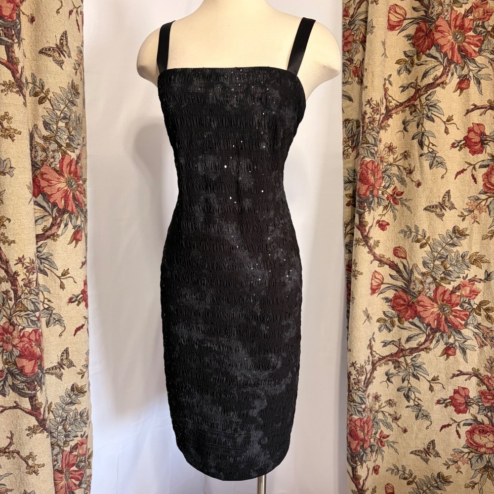 R&M Richards Gorgeous Black Sequin Smocked Sheath Dress with rhinestone details